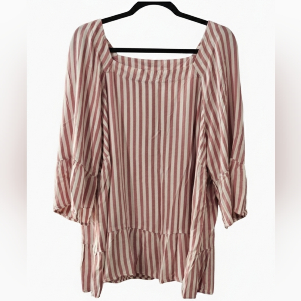 Fred David 2X Pink White Striped Peplum Blouse Flowy Sleeve Top Plus Size